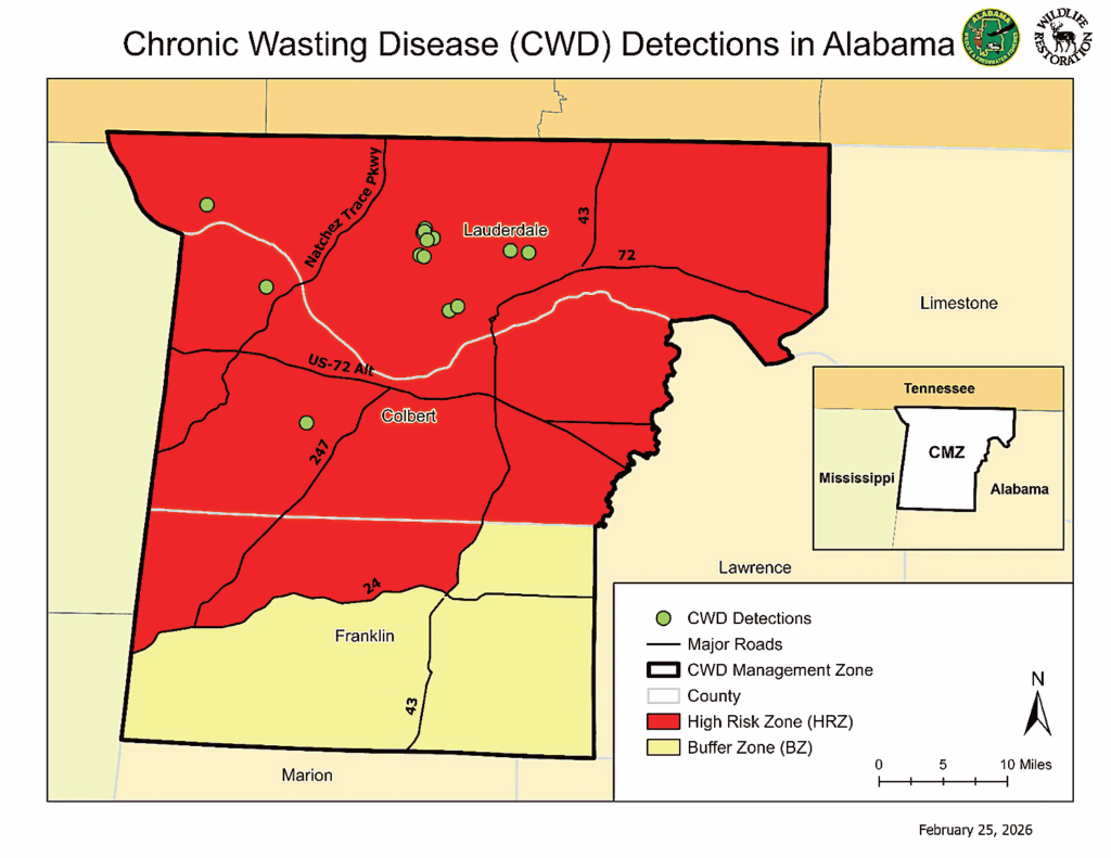 Above: The updated CWD map shows the locations of deer that tested positive for
CWD.